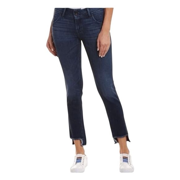 Hudson Cat Mid-Rise Skinny Jeans Blue Dark Wash Distressed Step Hem Flap Pockets - Picture 1 of 11